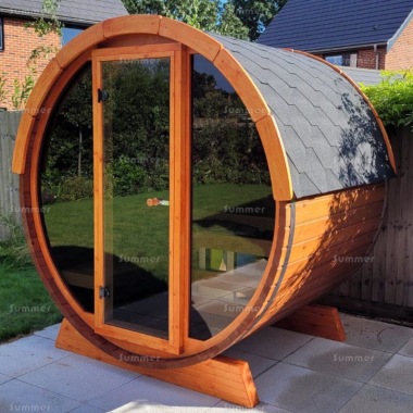 Log Barrel Sauna 940 - Thermowood Logs, Felt Tiles Log Barrel Sauna 940 - Thermowood Logs, Felt Tiles