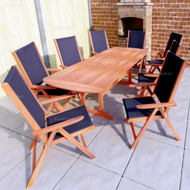 8 Seater Hardwood Set 139 - Textilene Reclining Chairs, Extending Table 8 Seater Hardwood Set 139 - Textilene Reclining Chairs, Extending Table