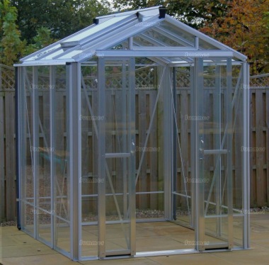 Grey Aluminium Greenhouse 618 - Toughened Glass, Double Door Grey Aluminium Greenhouse 618 - Toughened Glass, Double Door