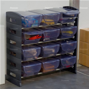 Boltless 4 tier plastic shelf unit, 12 storage bins Boltless 4 tier plastic shelf unit, 12 storage bins