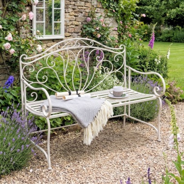 2 Seater Vintage Bench 605 - Wrought Iron, White Antique Finish 2 Seater Vintage Bench 605 - Wrought Iron, White Antique Finish
